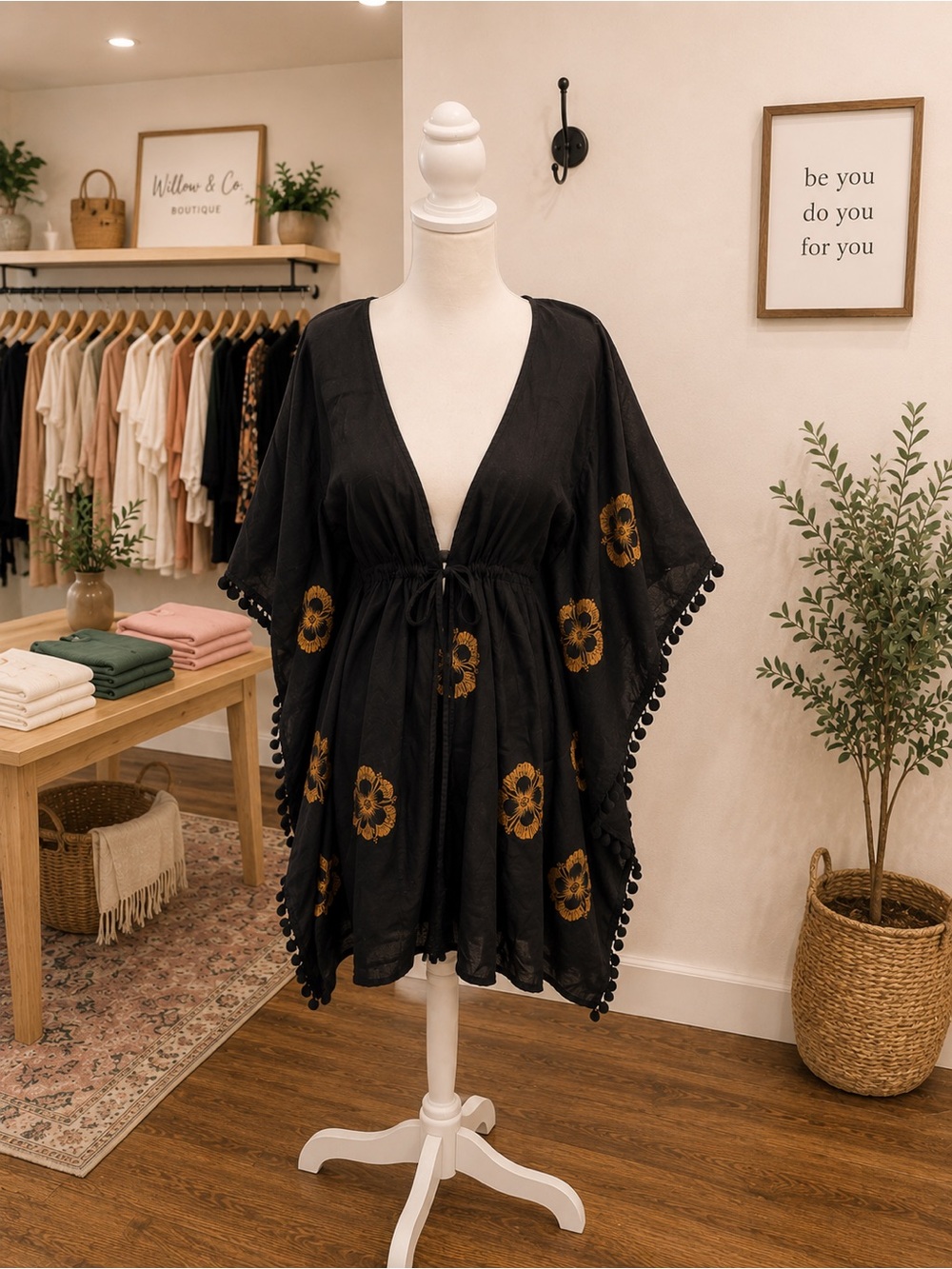 Moda International Black Gold Floral Cotton Cover Up Medium